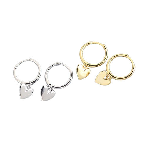 Heart charm huggie hoop earrings in silver and gold